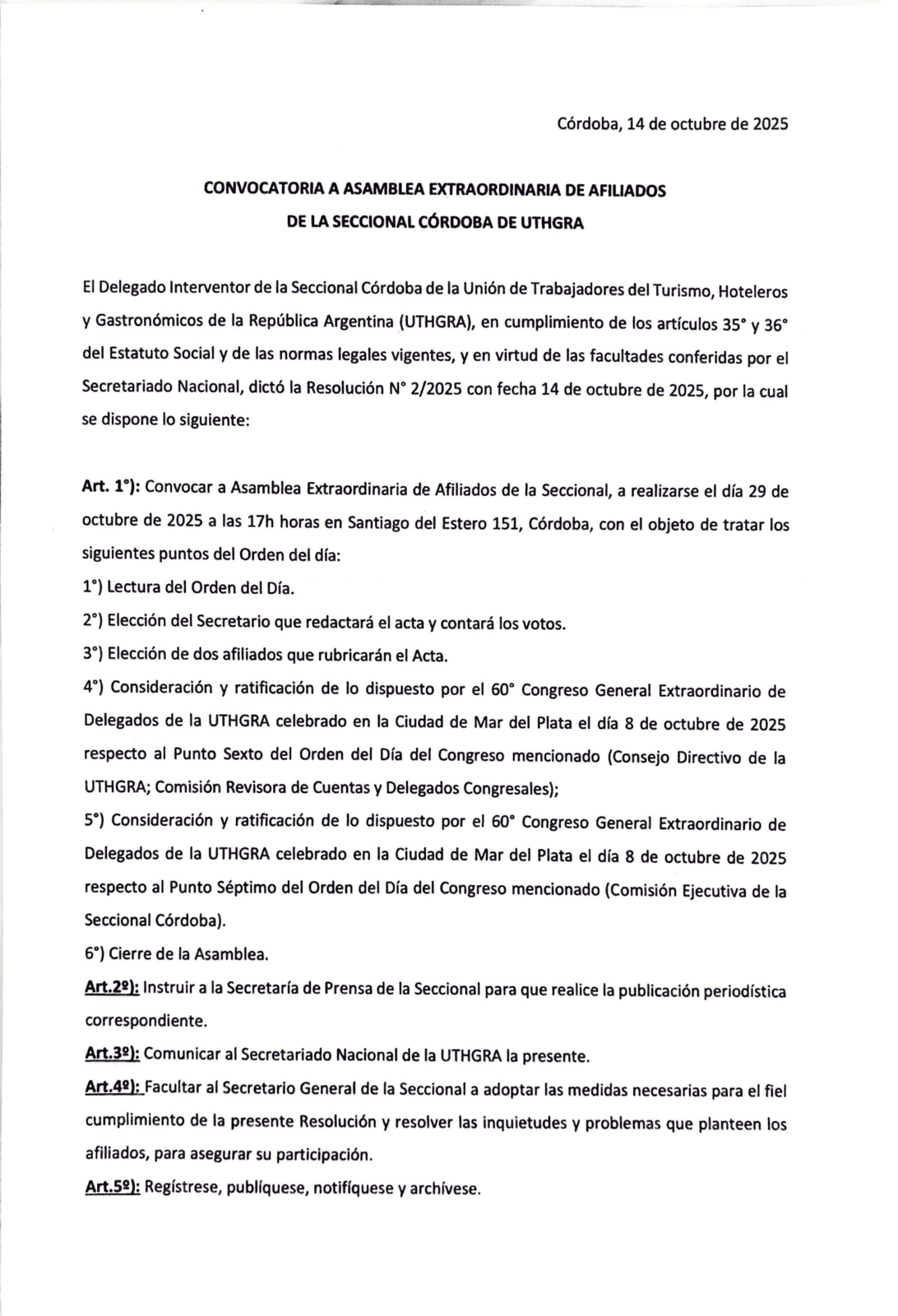 Asamblea Extraordinaria de Afiliados de Seccional